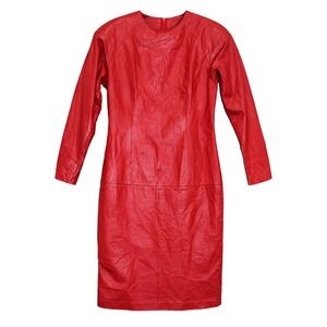 Vintage Ambria Red Leather Midi Dress Size 8 1980s Power Shoulder Dolman Sleeve